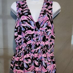 Sofia by Sofia Vergara Pink and Black Smocked Sleeveless Blouse